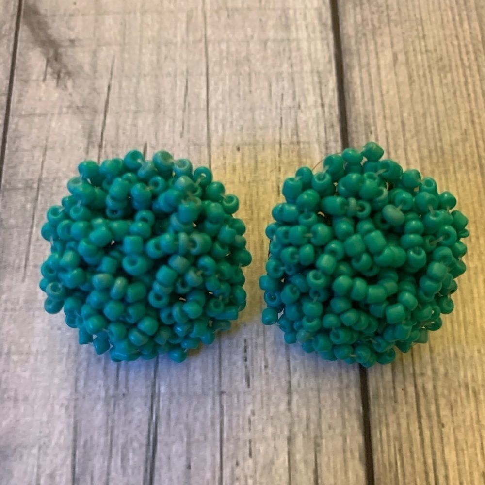 Boho Beaded Pom Pom Earrings- Turquoise